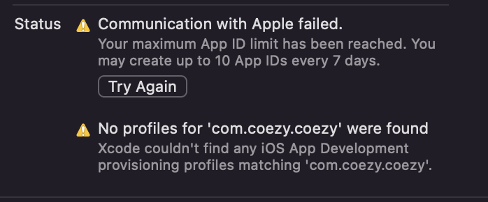 [Flutter-Xcode]Your maximum App ID limit has been reached. You may create up to 10 App IDs every 7 days.