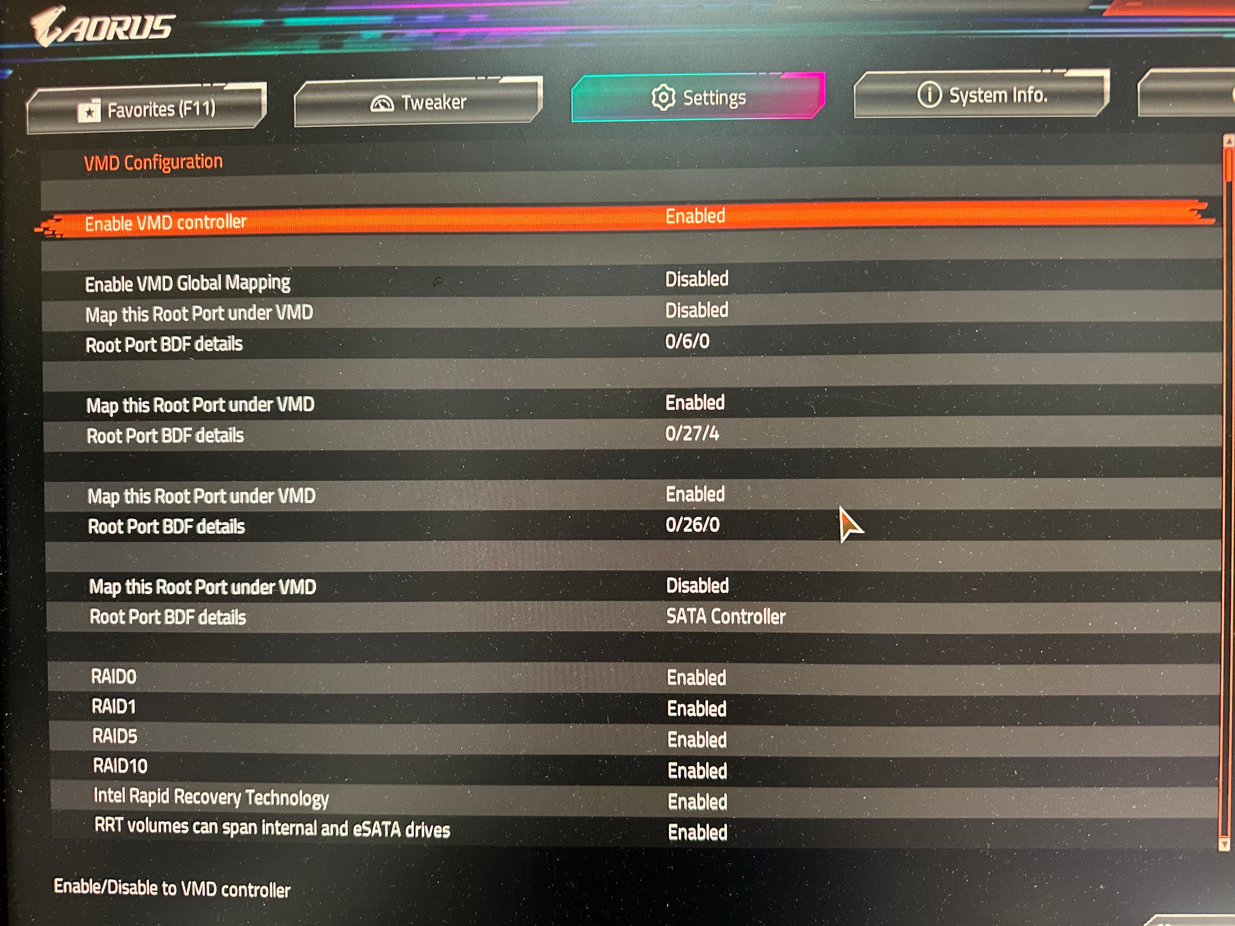 non-raid구성+raid 구성을 위해 VMD Controller 부분적으로 활성화하기