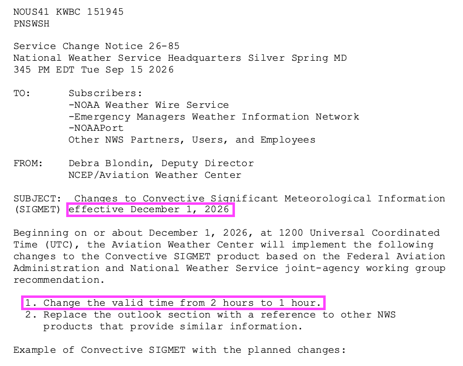Convective SIGMET Valid Time Cut to 1 Hour (Effective Dec 1, 2026)