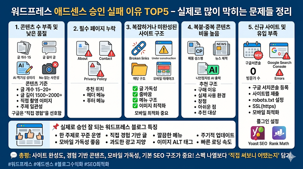 워드프레스 애드센스 승인 실패 이유 TOP5 – 실제로 많이 막히는 문제들 정리